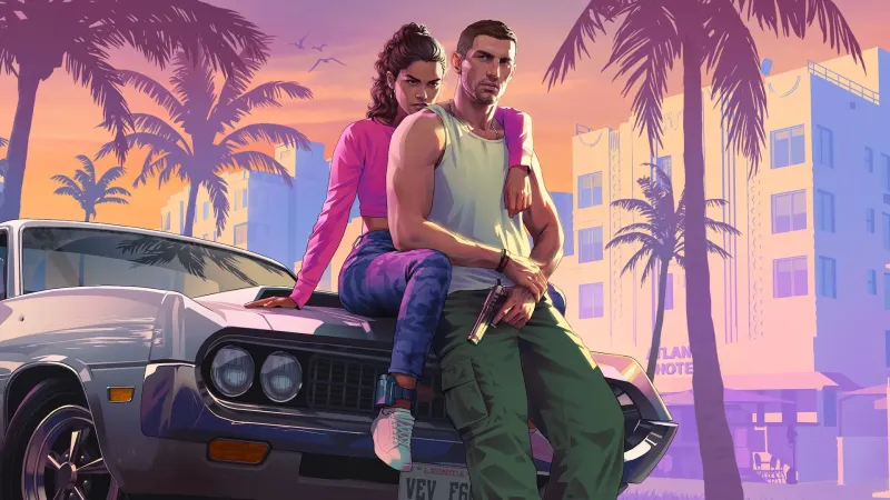Jason ve Lucia, klasik bir arabanın kaputunda (resmi çizim)